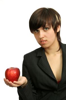 Friendly businesswoman with red apple, isolated on white