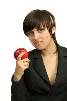 Friendly businesswoman with red apple, isolated on white