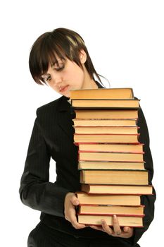 The young girl with books, isolated on white