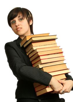 The young smiling girl with books, isolated on white