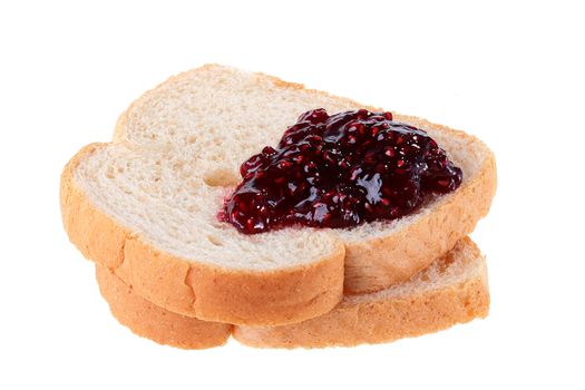 Two white slices of bread, on the top jam of red colour lies.