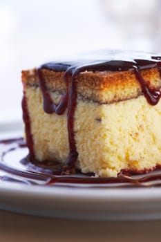 Closeup of cheese cake with jam on a plate.