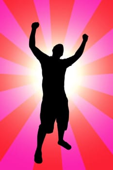 A silhouette of a man joyously throwing his hands up in the air over a red and pink background.  This includes the clipping path.