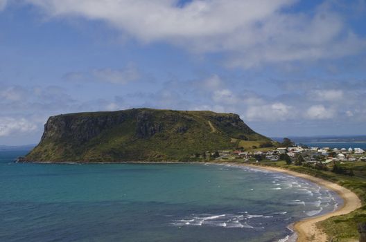 Table rock or mountain protects Stanley town, surrounded by blue-green ocean bays, in the North West parr of Tasmania.