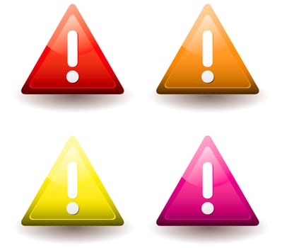 Four warning triangles with drop shadow and exclamation mark