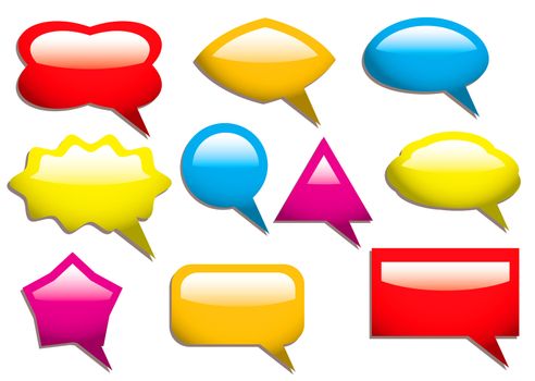 Collection of speech bubbles in primary colours and light reflection