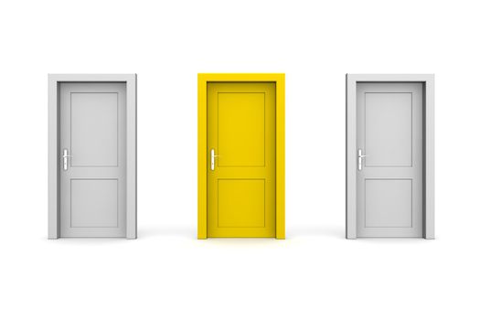 line of three doors - two grey and one yellow door - door and door frame, no walls - all doors closed