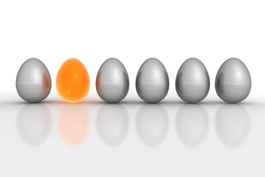 six metallic eggs ordered in a line - five eggs grey, one egg orange translucent