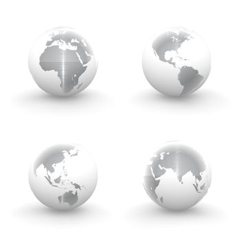 four views of a 3D globe with continents of brushed metal and a white ocean