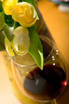 glass red wine and tulip