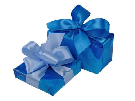 Two Blue Gift Boxes with Bows Isolated on White