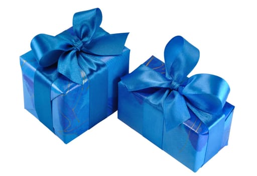 Two Blue Gift Boxes with Bows Isolated on White