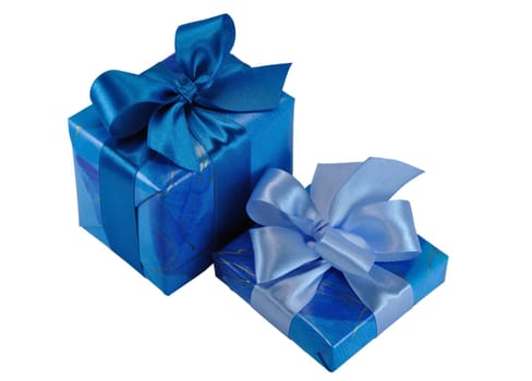 Two Blue Gift Boxes with Bows Isolated on White