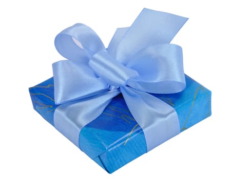 One Blue Gift Box with Bow Isolated on White