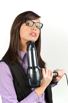 Young attractive woman with hairdryer 