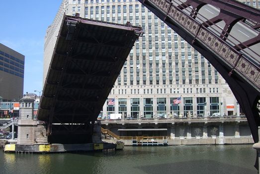 Bridge rises for boat traffic on Chicago River