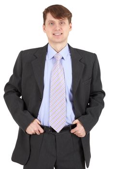 Smiling young man in a business suit isolated on white background