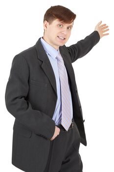 Young man in a business suit isolated on white background shows his hand