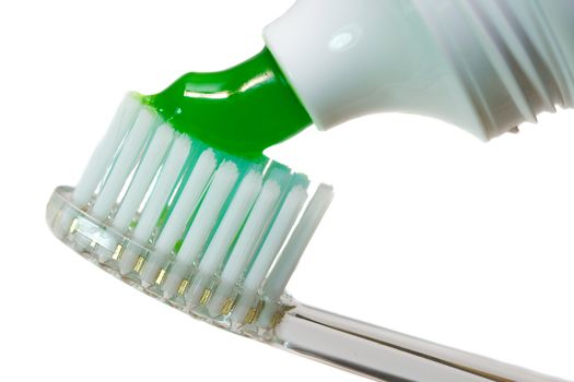 close-up tooth-brush with tooth-paste, isolated on white