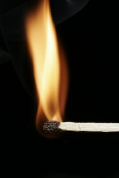 Burning Flame On A Single Matchstick On A Black Background