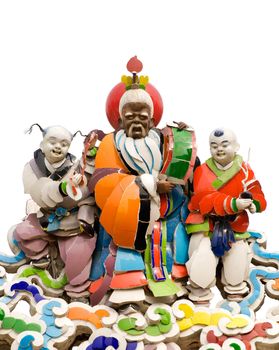 Oriental vivid god with elder and children on Chinese temple in white background.