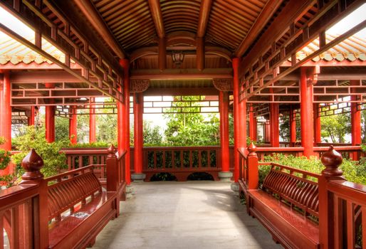 Chinese traditional wooden architecture of corridor in outdoor.