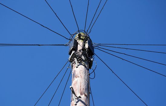 Telephone wires spread out in a circle from the pole