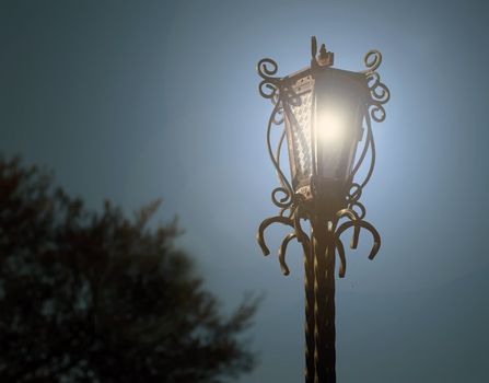 the steel lamp on the street in the city