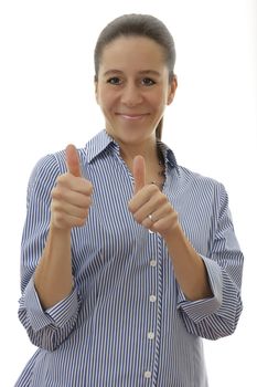 Single attractive businesswoman with both thumbs up and smiling on a white background