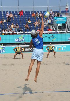 Serving the ball at the European Beach Volleyball Championship in Scheveningen