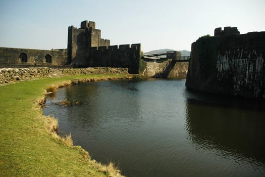 caerphilly castle with water, horizontally framed shot