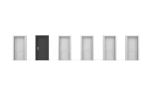 line of six closed doors, five grey doors, one black door - door and door frame, no walls