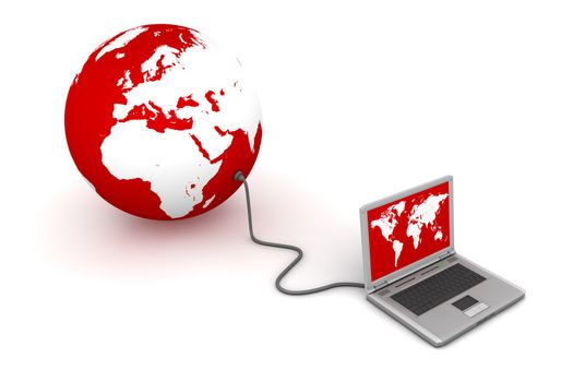 laptop wired to a red 3D globe - white land, red ocean