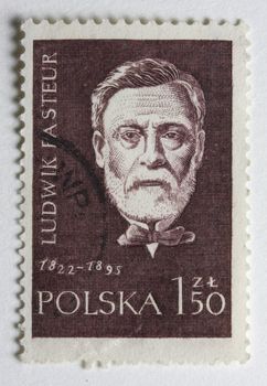 Portrait of Louis Pasteur, French chemist and microbiologist,  on a vintage post stamp from Poland