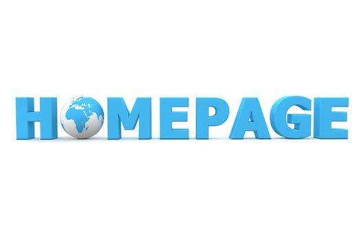 blue word Homepage with 3D globe replacing letter O