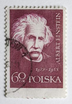 Albert Einstein portrait on a vintage, canceled post stamp from Poland