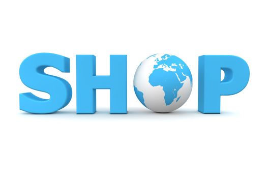 blue word Shop with 3D globe replacing letter O