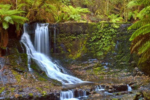 The Horseshoe Falls in Mount Field National Park, Tasmania. Long exposure to blur falling water. Space for copy to the right of the falling water.