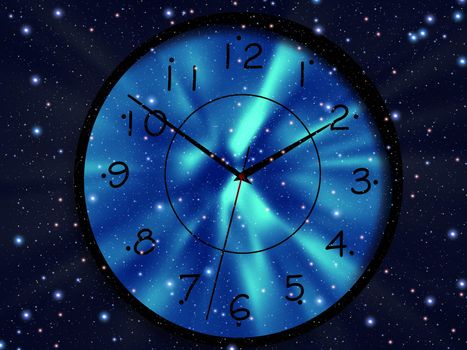 Clock is floating in space. Time
