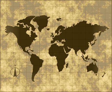 an old map of world on grungy fading parchment