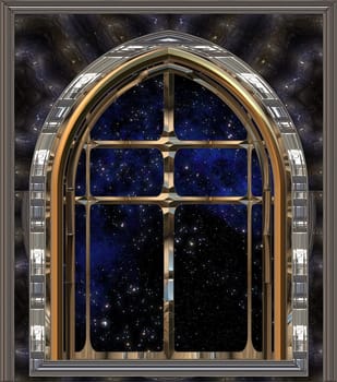 gothic or science fiction window looking into space or starry night sky
