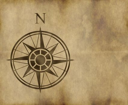great north arrow and compass on old parchment map with copy space
