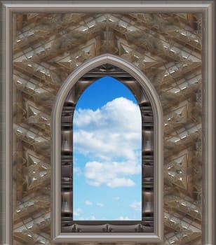 image of a gothic or science fiction window looking onto cloudy blue sky