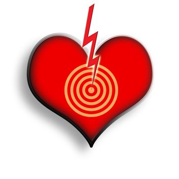 Red Heart Symbol with Target Point and Electric Thunder Symbol over White Background