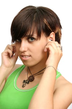 Young girl with headphones, isolated on white