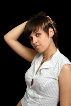 The young girl with expressive emotions, isolated on black background