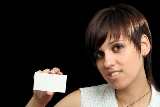 Girl with notecard, isolated on black