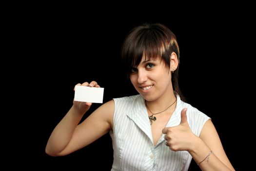 girl with card and OK, isolated on black