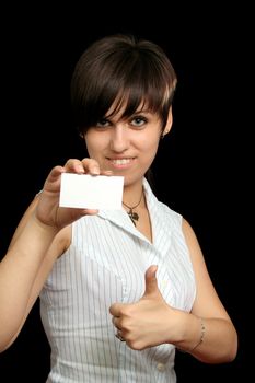 girl with paper for text, isolated on black
