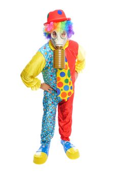 a man in a clown costume wearing a gasmask on a white background